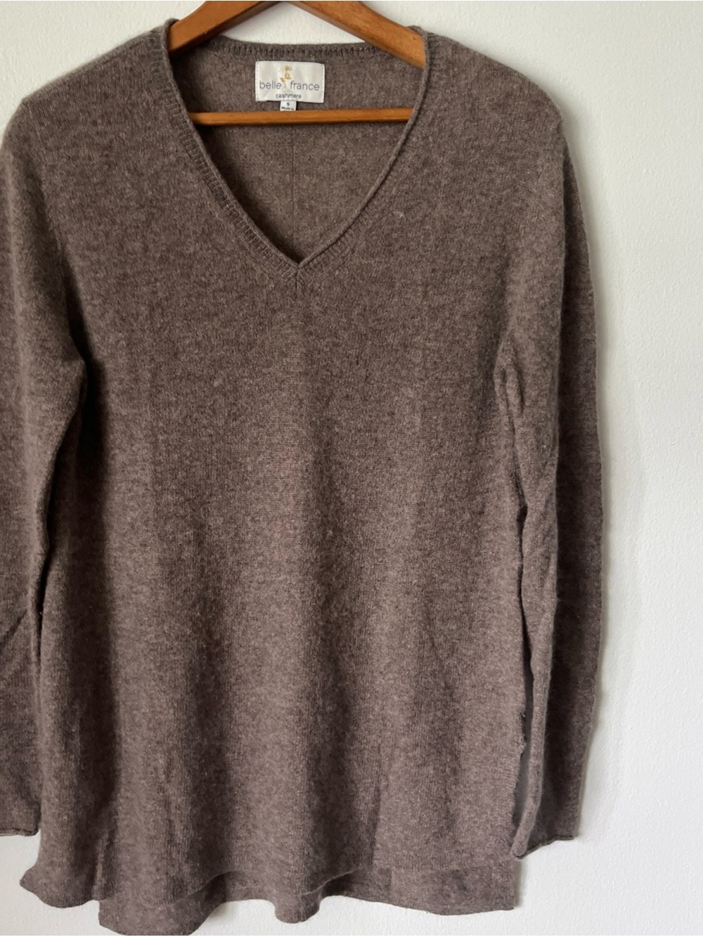 Belle France Cashmere Sweater Neutral Brown V Neck Long Sleeve Sweater S